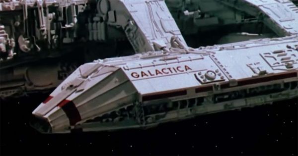 The Battlestar Galactica traveling through deep space after the destruction of the Twelve Colonies in the 1978 science fiction film "Battlestar Galactica"