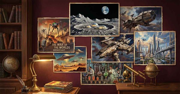 Science fiction gallery wall with starships, UFOs, lunar cities, and retro futuristic art.