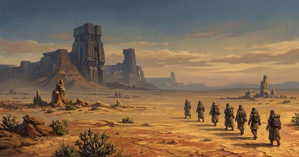 Editorial illustration of seven travelers crossing a vast alien landscape toward distant ancient structures under warm golden light.