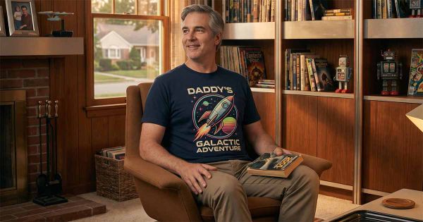 Middle-aged father wearing a retro sci-fi T-shirt in a living room filled with books, robots, and classic science-fiction memorabilia.
