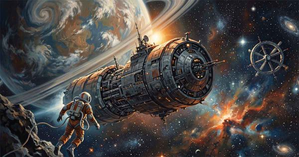 Retro style science fiction scene with an astronaut approaching a large cylindrical spacecraft near a ringed planet and distant space station in deep space.