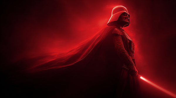 Darth Vader standing in red light with a glowing lightsaber and flowing cape against a dark background.