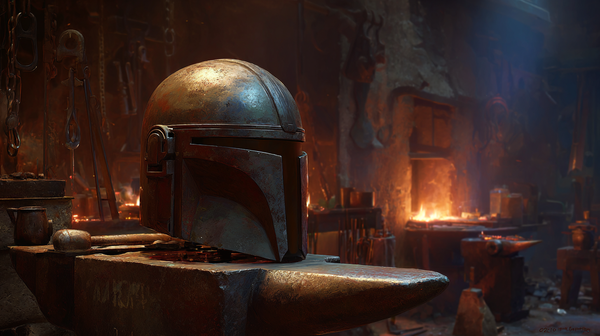 Weathered Mandalorian helmet resting on an anvil inside a dimly lit forge with tools, firelight, and metalworking equipment in the background.