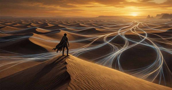 Paul Atreides overlooking branching future paths across the deserts of Arrakis.