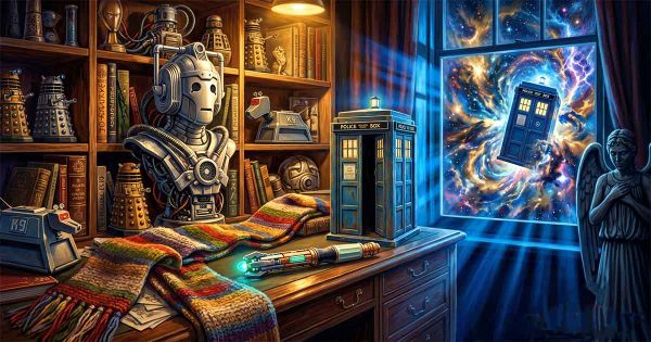 Doctor Who collectibles featuring a TARDIS, sonic screwdriver, Fourth Doctor scarf, Cyberman, Daleks, K-9, and Weeping Angel.