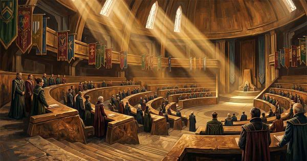 Grand circular council chamber of the Landsraad, with noble delegates seated beneath colorful House banners and sunlight streaming through a domed ceiling.