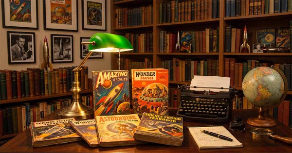 Vintage science fiction magazines displayed in a collector's library