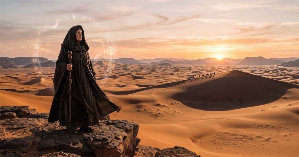 A robed Bene Gesserit sister overlooks the deserts of Arrakis at sunrise as faint symbolic markings hover above the dunes and distant travelers cross the sand.