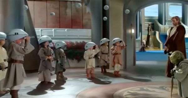 Yoda and Obi-Wan Kenobi observe Jedi younglings during training at the Jedi Temple in "Star Wars."