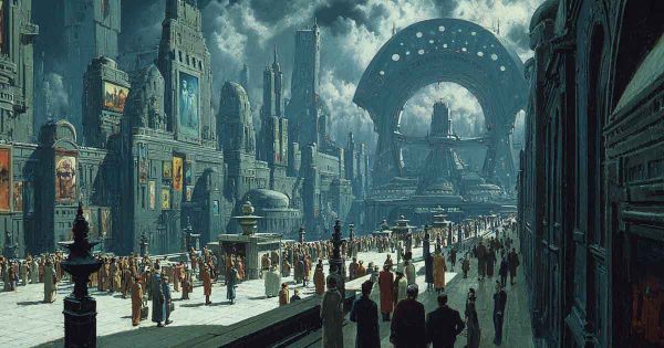 Massive futuristic city filled with crowds beneath towering architecture in a classic dystopian science fiction landscape.