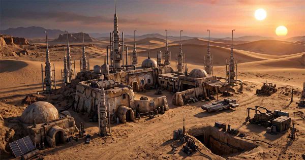 Moisture farm on Tatooine with numerous moisture vaporators surrounding a desert homestead beneath twin suns.