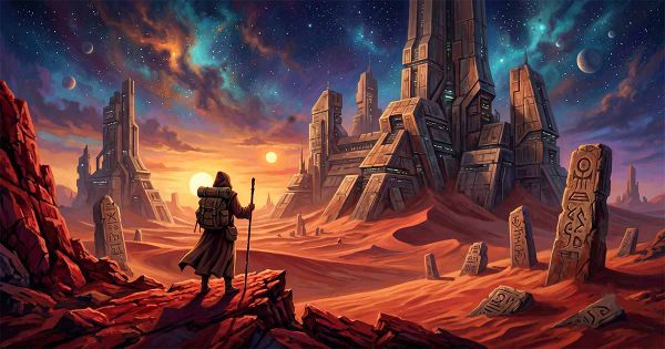 Illustration of a robed traveler standing on a rocky outcrop overlooking a red desert filled with futuristic towers, ancient stone markers, and a colorful star-filled sky.