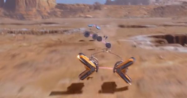 A high speed podracer races across the desert on Tatooine during a pod race with rocky cliffs and open terrain in the background.