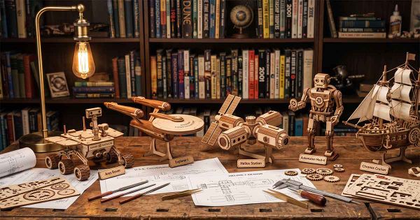 Collection of handcrafted wooden science fiction puzzles featuring a Mars rover, starship, space station, robot, and sailing spacecraft on a workbench.