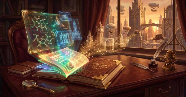 An ornate book glows with holographic illustrations as a Neo-Victorian city of towers and airships stretches beyond the window.