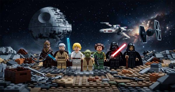 LEGO "Star Wars" minifigures featuring Darth Vader, Luke Skywalker, Princess Leia, Yoda, Obi-Wan Kenobi, Chewbacca, and Emperor Palpatine.