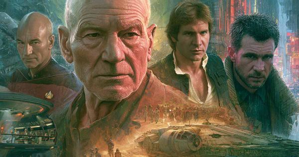 Illustration featuring Captain Jean-Luc Picard, Gurney Halleck, Han Solo, and Rick Deckard in a collage representing four classic science fiction worlds.
