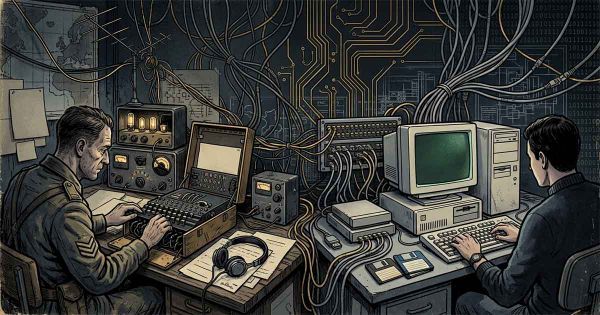 Illustration of a World War II codebreaker at a cipher machine beside a 1990s computer user, linked by cables and electronic circuitry.