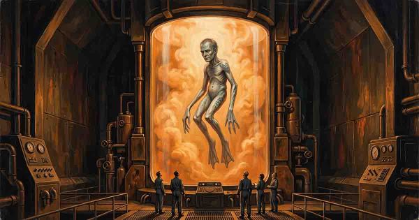 A gaunt, transformed human Navigator with elongated limbs and webbed feet floats in glowing orange vapor inside a towering tank as attendants watch below.