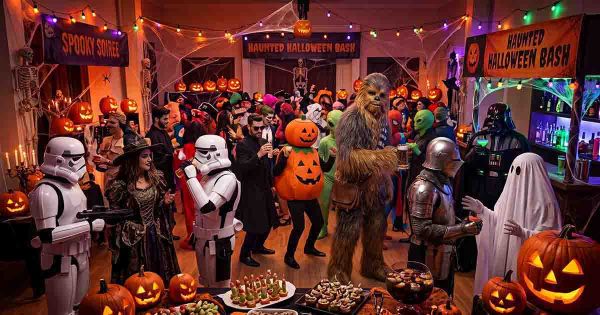 Science fiction Halloween costume party featuring Star Wars characters, aliens, robots, and classic Halloween costumes.