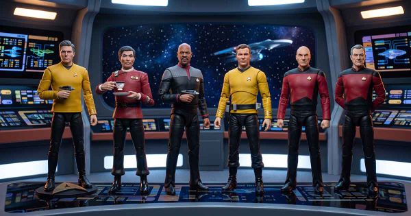 Star Trek captain action figures posed together on a futuristic starship bridge with stars and a spacecraft visible through the viewscreen