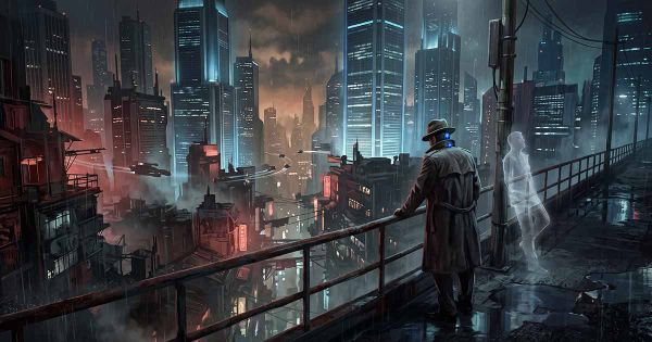 Retro-futurist cyberpunk city in the rain with a trench-coated investigator overlooking neon towers while a translucent human figure stands nearby.