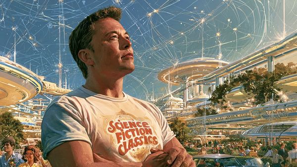 Painted retro-futurist illustration of Elon Musk overlooking a bright AI-powered city with glowing networks and advanced transportation.