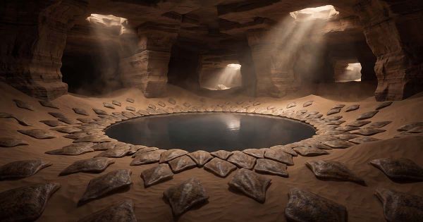 Leathery, diamond-shaped sandtrout surround a hidden underground pool beneath the desert of Arrakis.