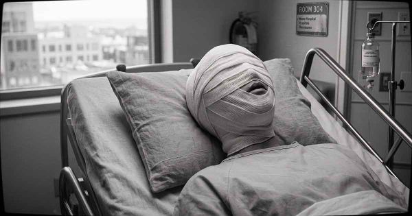 Black-and-white image of a heavily bandaged patient lying in a hospital bed.