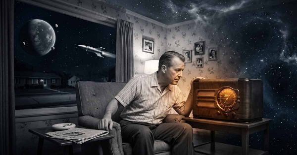 1950s man listening to a glowing tabletop radio as his living room transforms into outer space with a rocket and distant planet.