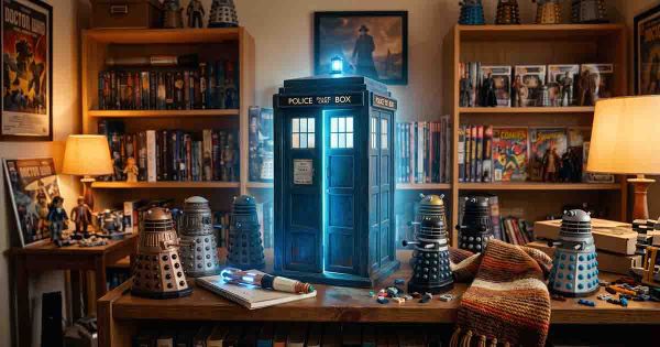 Glowing TARDIS surrounded by Dalek figures, a sonic screwdriver, LEGO pieces, and a long striped scarf in a "Doctor Who" collector’s room.