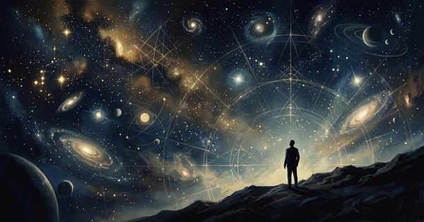 A solitary man stands beneath a vast cosmic sky filled with stars, galaxies, planets, and geometric patterns.