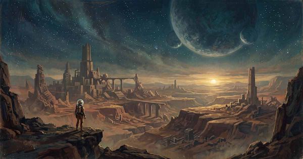 Retro science fiction illustration of a lone astronaut overlooking ancient ruins beneath a vast starry sky and enormous distant planets.