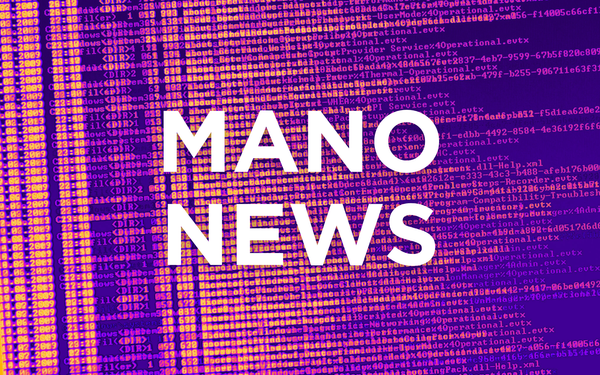 The title "MANO News" against a background of pink and purple code.