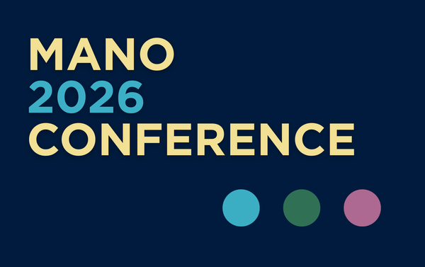 Blue, green and lavender dots on a dark blue background. Text reads: MANO 2026 CONFERENCE.