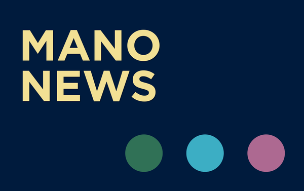 Red, blue and lavender dots on a dark blue background. Text reads: MANO NEWS.