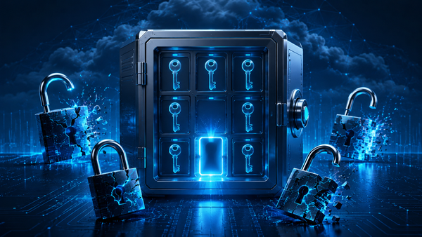 Image of an Azure-style Key vault with one empty glowing slot causing surrounding locks to fail