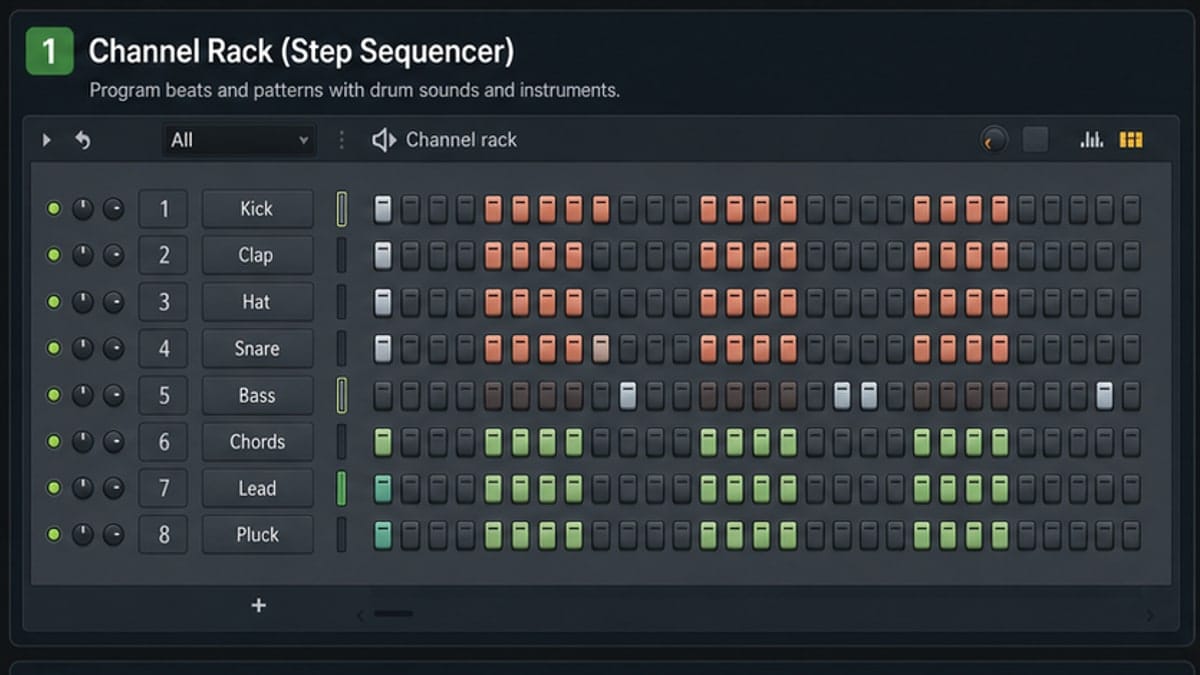 Annotated FL Studio Channel Rack showing step sequencer and pattern selector