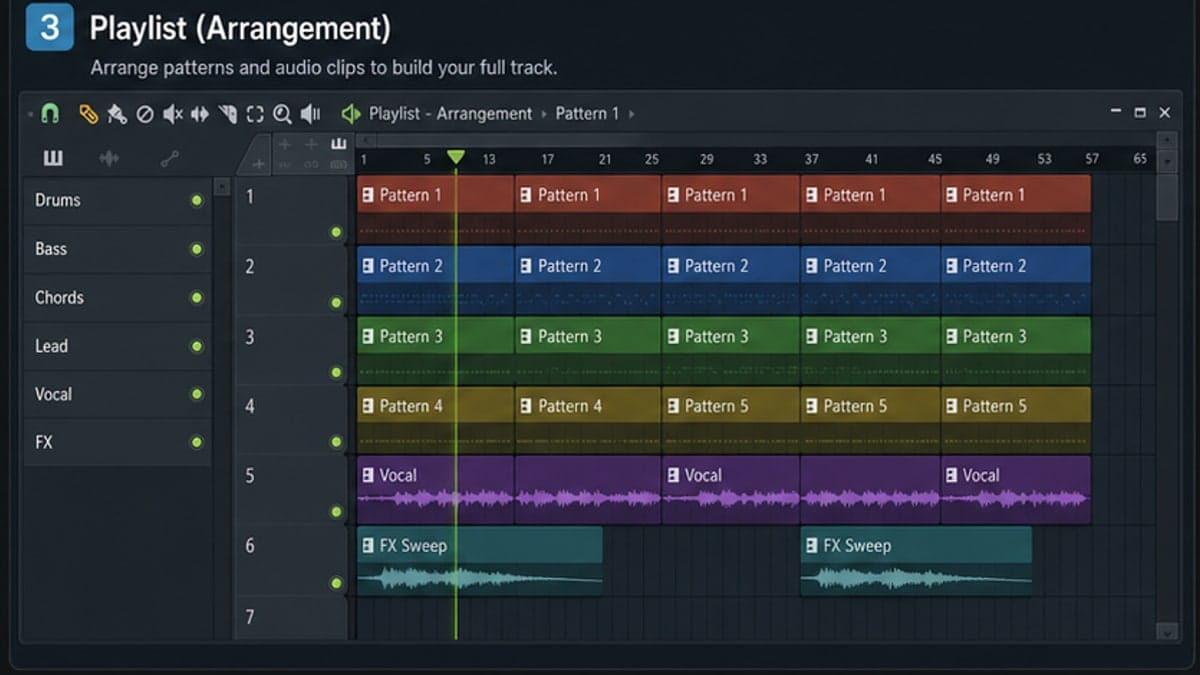 Annotated FL Studio Playlist showing clips and lanes
