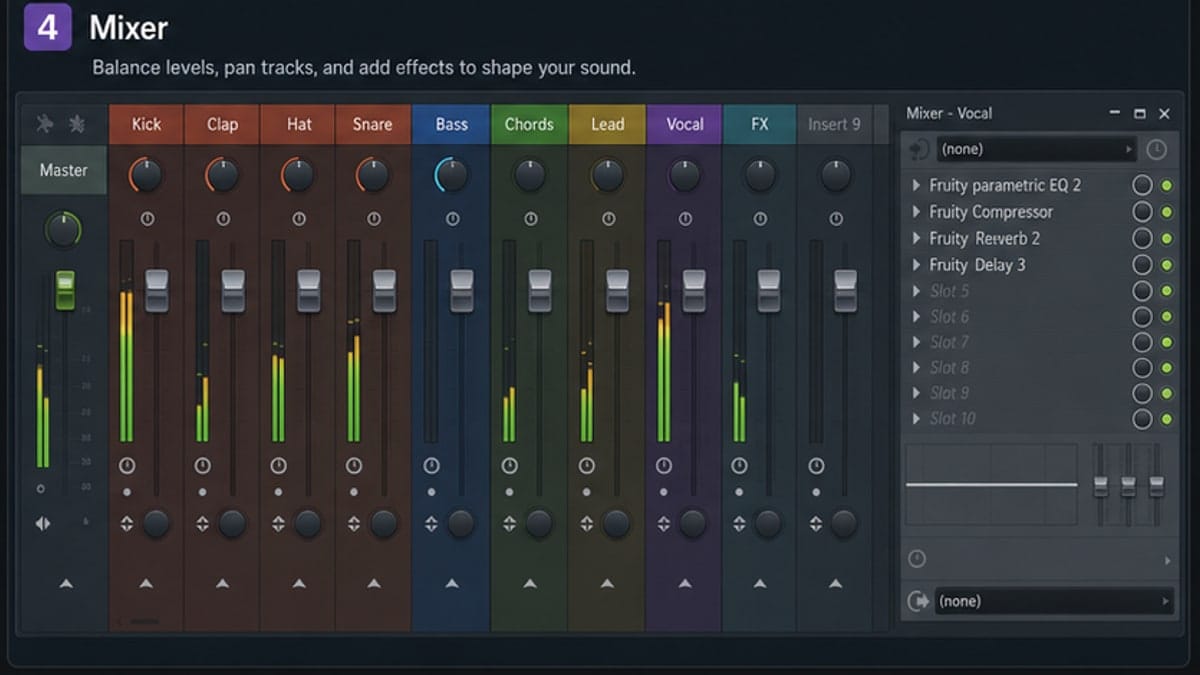 Annotated FL Studio Mixer showing inserts, faders and FX slots
