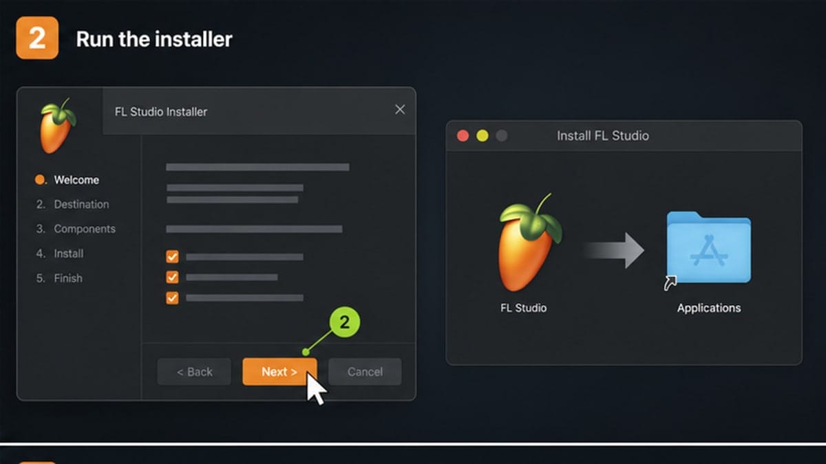 FL Studio installer step visualization for Windows and macOS