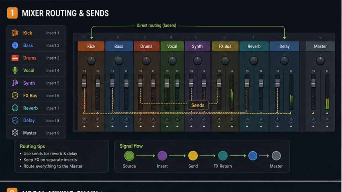 FL Studio Mixer routing annotated for channel FX routing sends and Master
