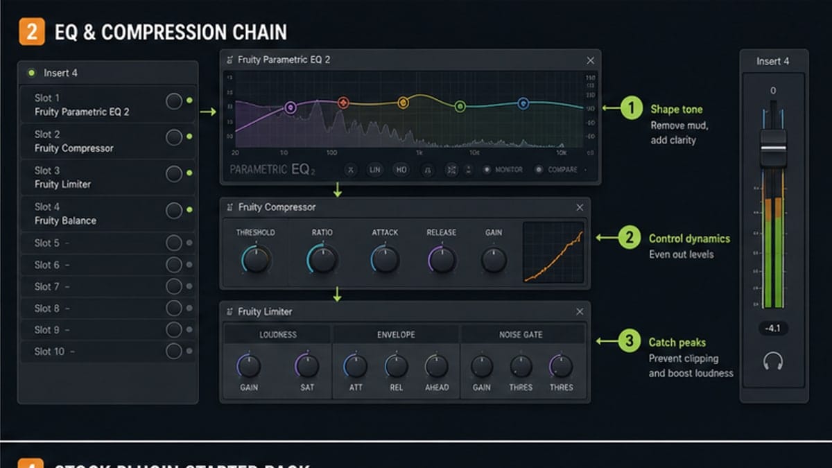 FL Studio Mixer annotated with FX slots