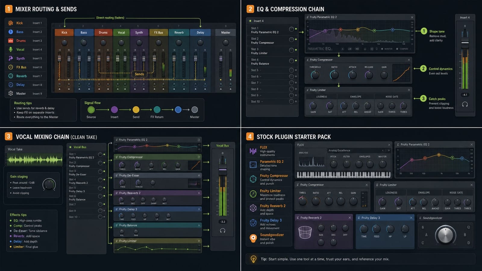 Annotated FL Studio Mixer with inserts FX slots and faders