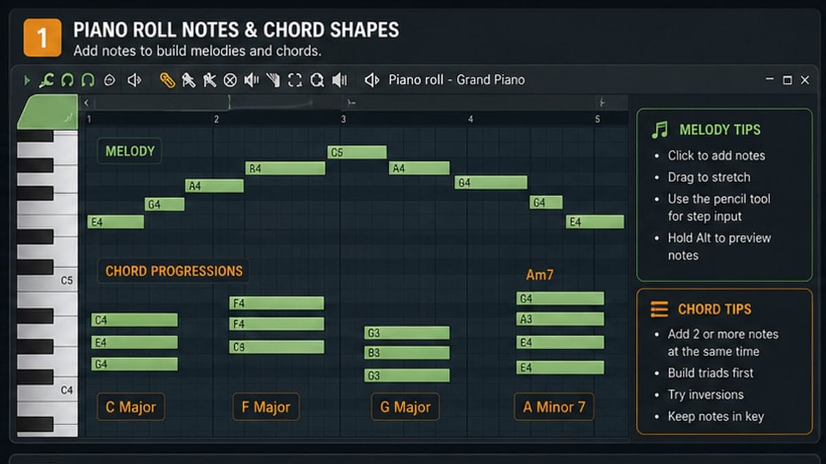Annotated FL Studio Piano Roll showing notes and velocity lane