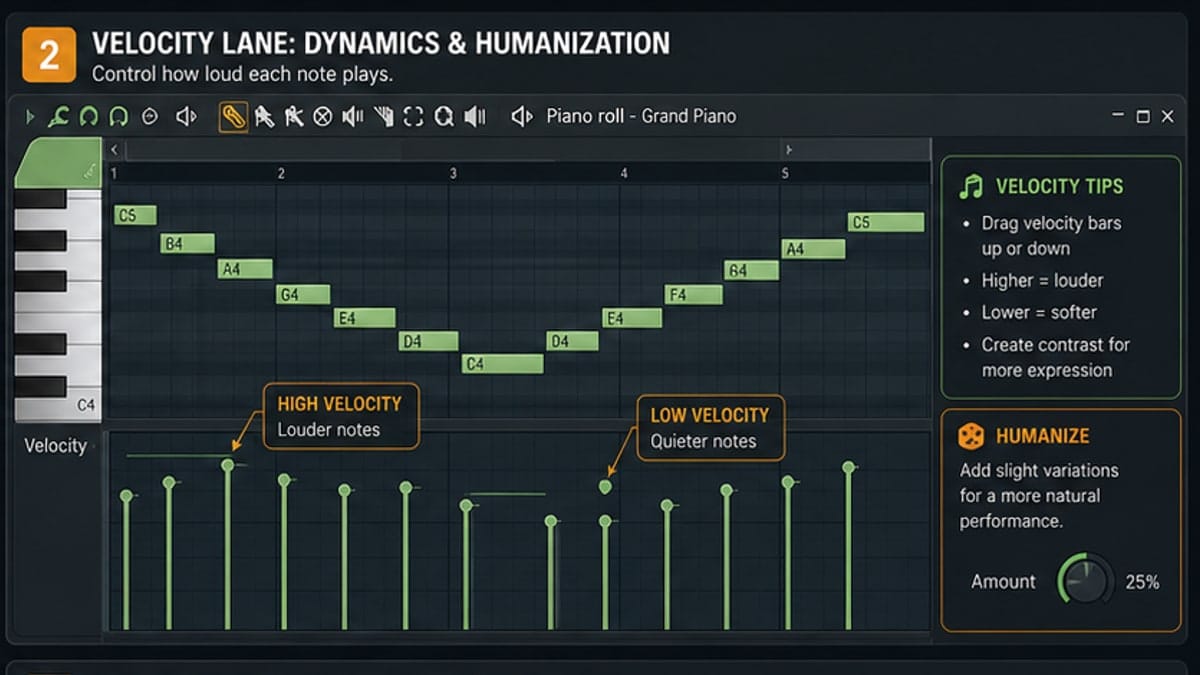 FL Studio Piano Roll ghost notes annotated for harmonic reference
