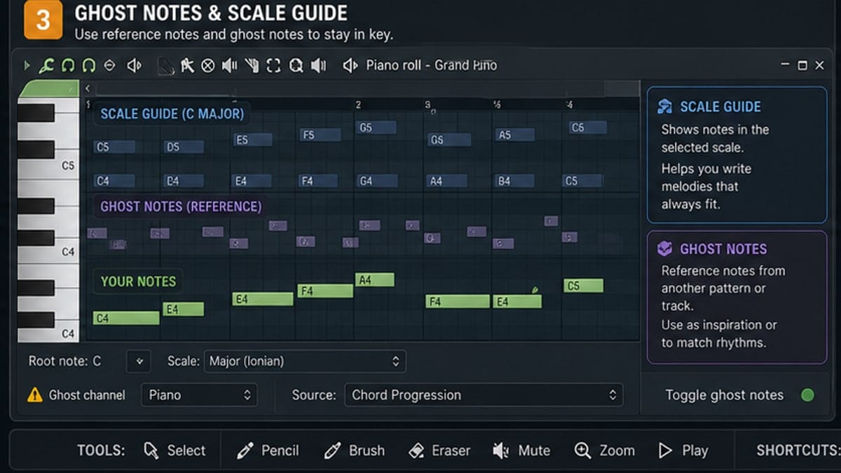 FL Studio Piano Roll scale highlighting annotated for root and scale rows