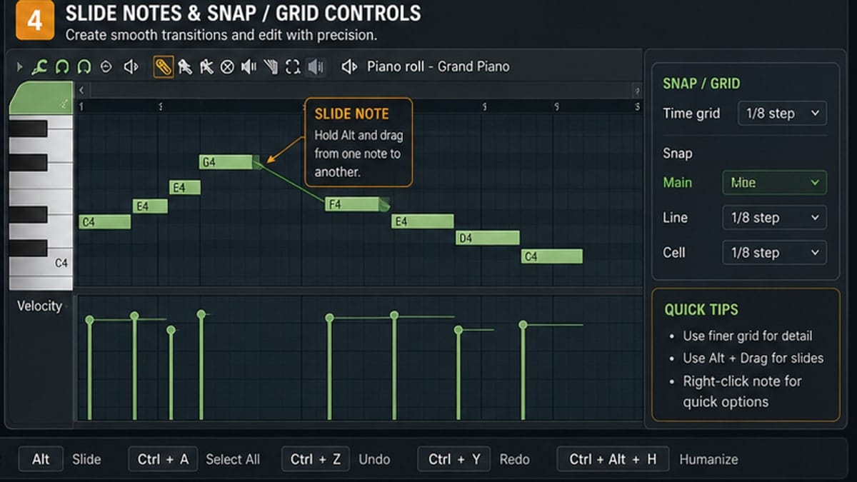 FL Studio Piano Roll slide notes annotated for pitch movement