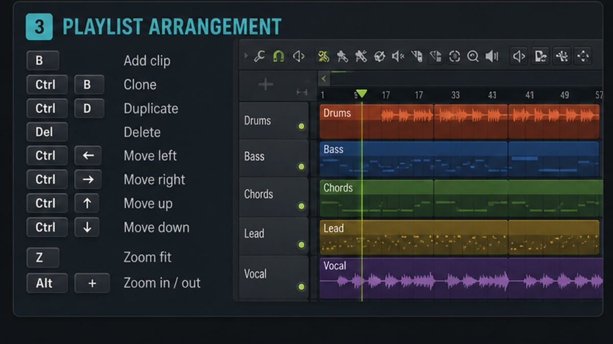 FL Studio Playlist arrangement shortcuts visualization