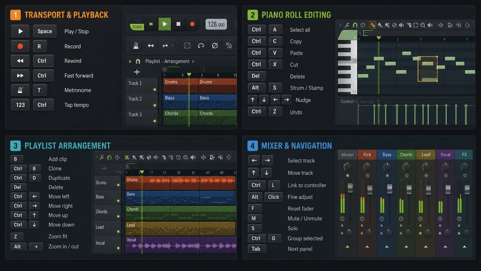 FL Studio keyboard shortcuts tutorial visual for transport Piano Roll Playlist and Mixer